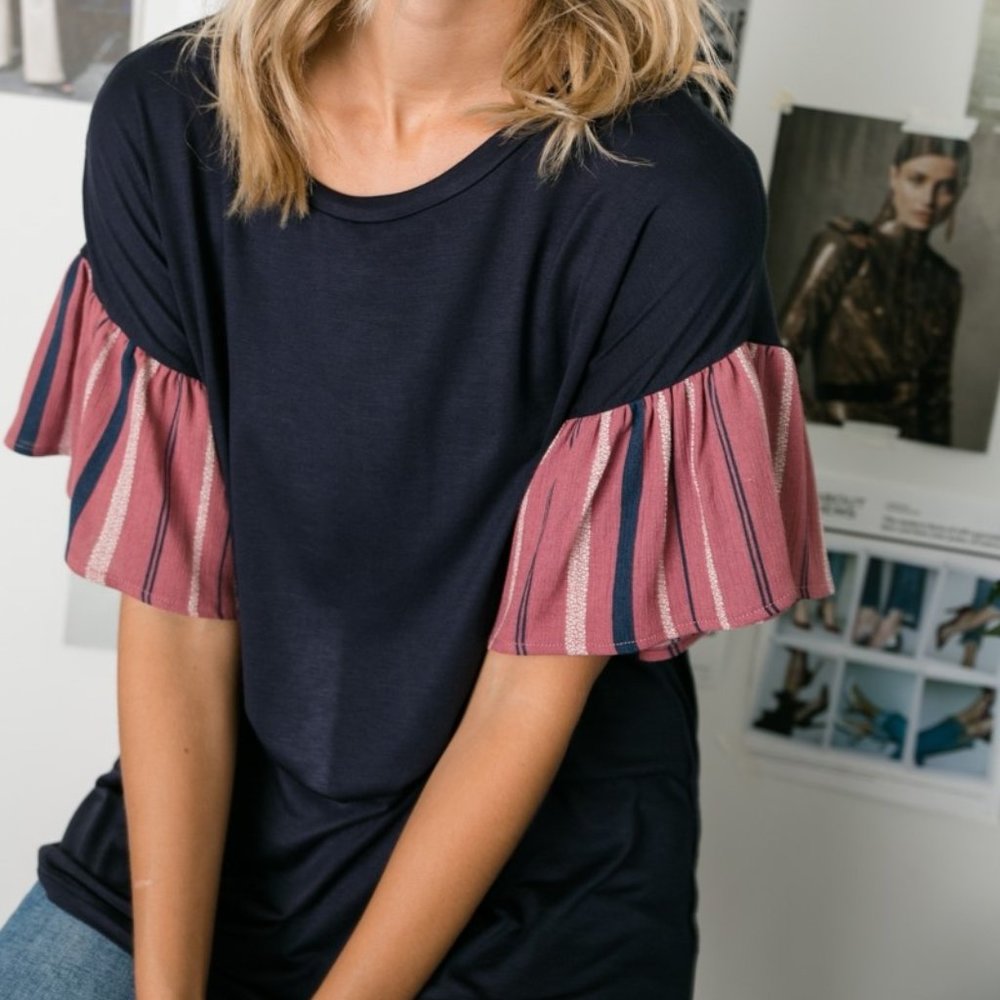 NWT Soft Navy Top with ruffle sleeve